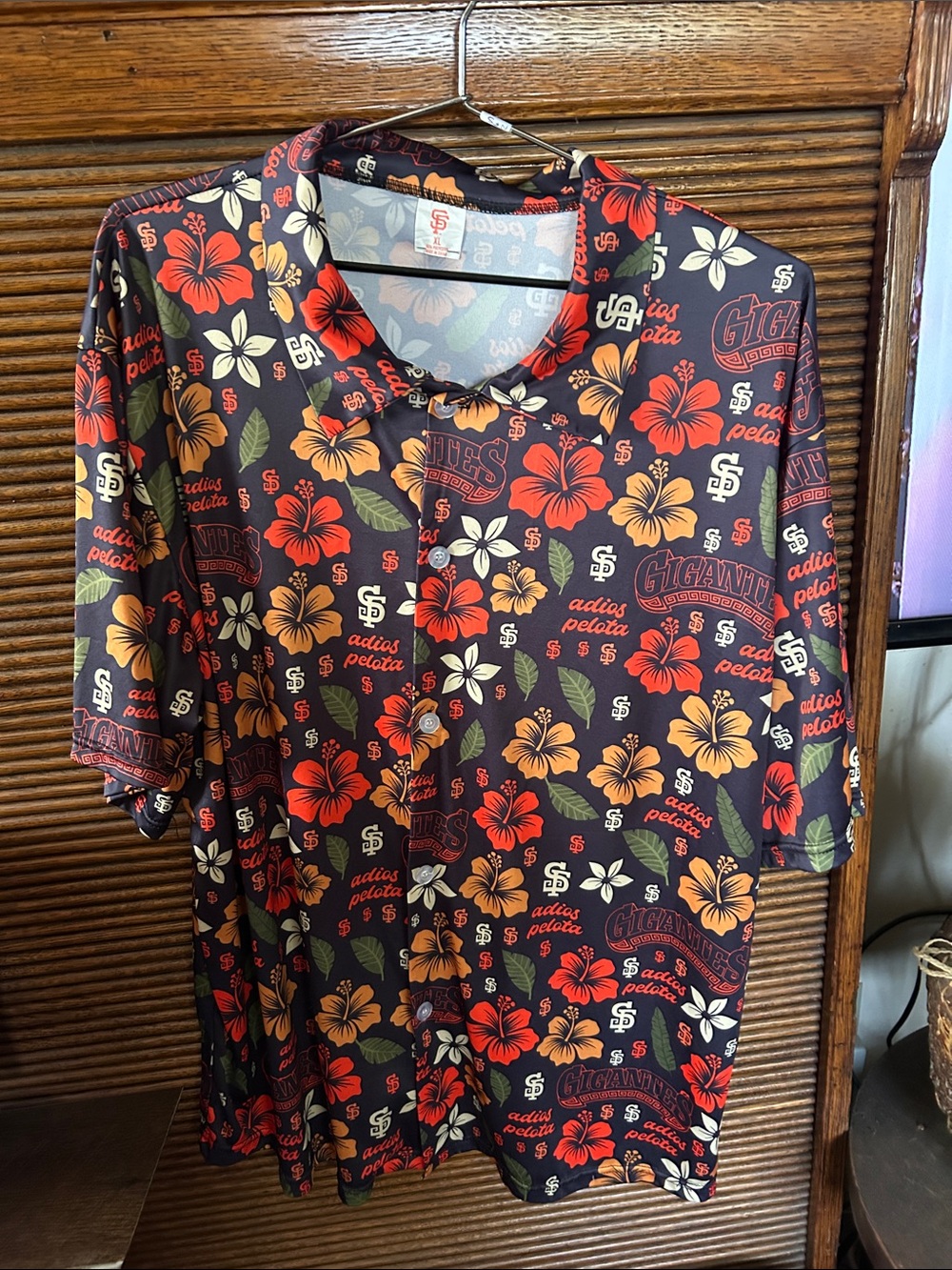 SF Giants Men's Black Floral Button-Down Shirt with Red & Orange Hibiscus